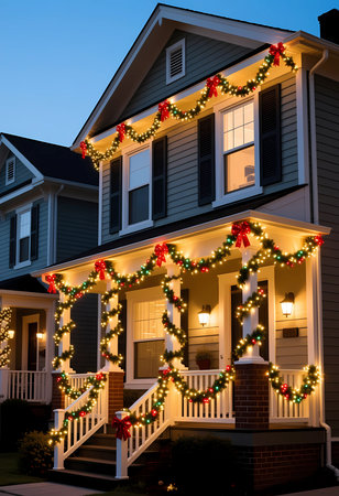 Christmas decorations adorn the facade of a house in the evening. Garlands with lights and bows wrap around the porch, creating a festive look for the holiday season.の素材