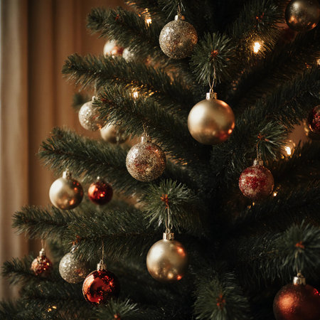A decorated Christmas tree stands in a warm room filled with holiday spirit, adorned with shining balls and warm lights. The scene captures the essence of festivity and joy.の素材