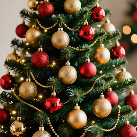 A Christmas tree stands adorned with shiny red and gold ornaments. Lights twinkle among the branches, creating a joyful atmosphere for the holiday season.の素材