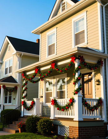 Garland made of Christmas decorations hangs along the railings of a house. Bright colors and symbols of the holiday season create a festive atmosphere in the neighborhood.の素材