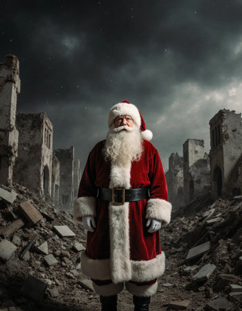 Santa Claus, carrying a sack of presents, finds himself in a war zone. He is shocked by the destruction and the sight of ruins. Christmas and New Year during the bombing. The concept of war and peaceの素材