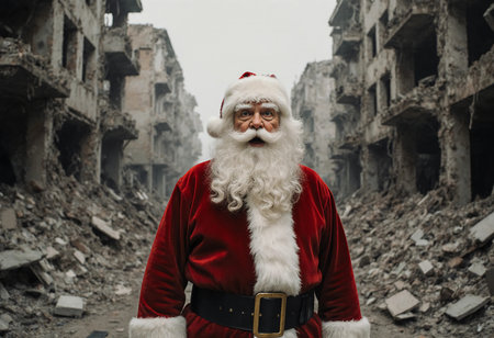Santa Claus, carrying a sack of presents, finds himself in a war zone. He is shocked by the destruction and the sight of ruins. Christmas and New Year during the bombing. The concept of war and peaceの素材