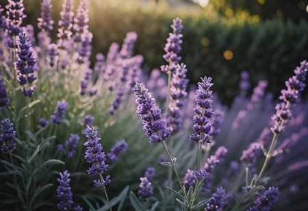 Vibrant lavender flowers bloom joyfully in the warm summer sunlight, filling the air with a soothing aroma. Nature beauty thrives in colorful displays throughout this serene garden.の素材