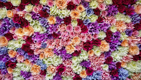 A breathtaking display of flowers forms a colorful wall filled with roses and lush petals. Perfect for enhancing events, special gatherings, or artistic decor choices.の素材