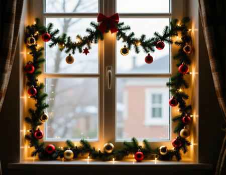 A cozy window decorated with a garland of evergreen branches, adorned with colorful Christmas balls and warm lights, inviting a festive spirit during New Year celebrations.の素材