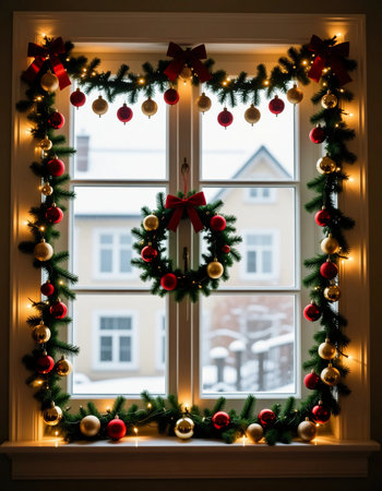 A festive window adorned with a garland of green, red, and gold ornaments, along with a matching wreath, brings holiday cheer to a snowy outdoor scene.の素材