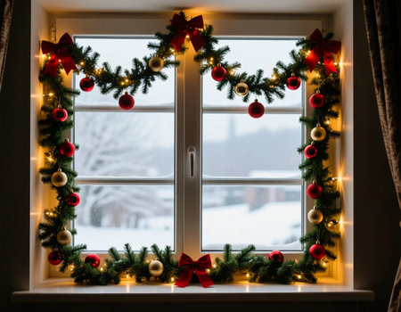 A cozy window adorned with a festive garland, colorful Christmas balls, and warm lights glows softly, enhancing the winter atmosphere outside the snowy landscape.の素材
