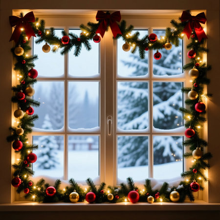 A beautifully decorated window showcases Christmas ornaments and wreaths, while snow blankets the landscape outside, creating a warm holiday scene.の素材