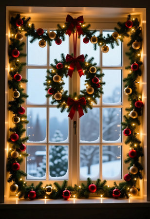 A cozy window adorned with a Christmas garland, a wreath, and colorful ornaments, showcasing the snowy landscape beyond. The warm lights create a joyful atmosphere.の素材