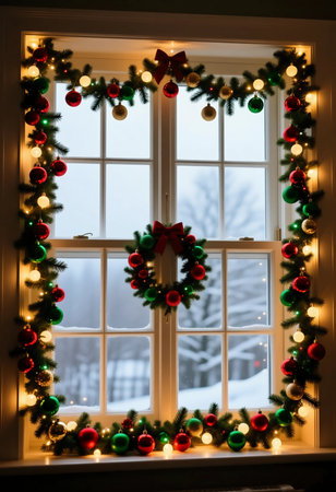Decorations of green garlands and colorful ornaments surround a window, illuminated with warm lights, offering a festive view of a snowy landscape outside.の素材
