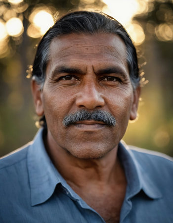 The Aboriginal man stands confidently, wearing a softly colored shirt under a warm glow, surrounded by nature, capturing a moment of deep reflection and heritage in Australia.の素材