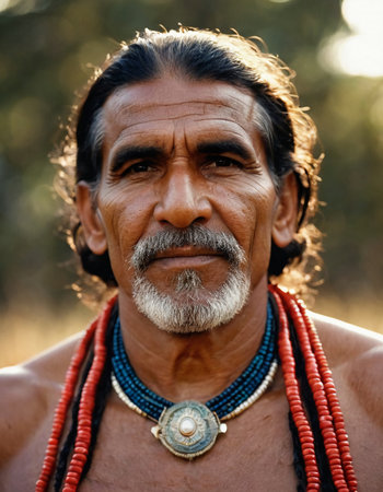 An Aboriginal Australian man stands proudly with colorful beads and a calm expression, embodying strength against a stunning golden hour backdrop.の素材