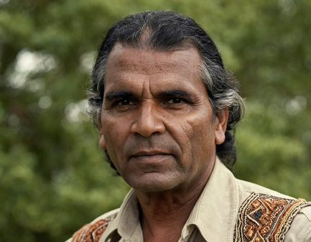 A mature Aboriginal Australian man stands confidently in a lush green environment, reflecting his deep connection to cultural traditions and the land.の素材