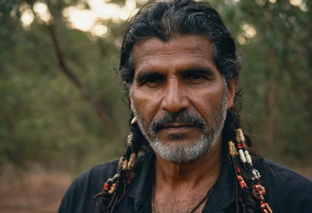 A man stands confidently in the Australian outback, showcasing his rich cultural background with unique attire and accessories. The warm light enhances his features.の素材