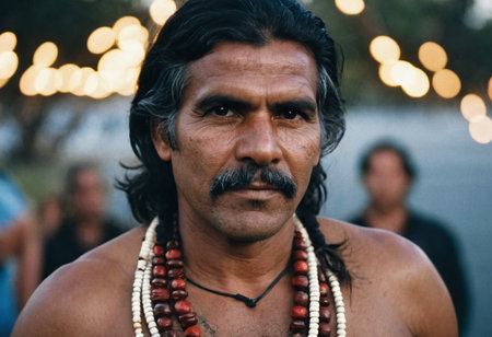 A mature Aboriginal man stands confidently in a vibrant community celebration, adorned with traditional necklaces that embody his rich cultural heritage.の素材