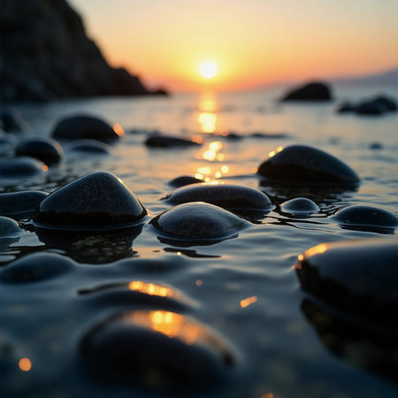 In the tranquil early morning light, smooth stones emerge from the gentle waves, reflecting the warm hues of sunrise over a serene coastline, evoking a sense of calm and peace.の素材