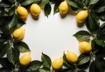 Bright yellow lemons are neatly arranged with green leaves on a light background, creating a fresh and vibrant decor. This scene evokes a cheerful and sunny atmosphere.の素材