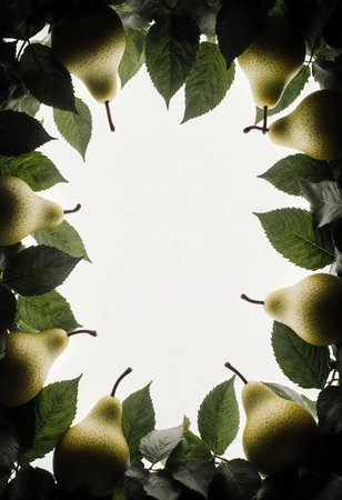 A collection of ripe pears is arranged with vibrant green leaves, forming a natural border for a blank space. The fresh fruits highlight natures beauty and simplicity.の素材