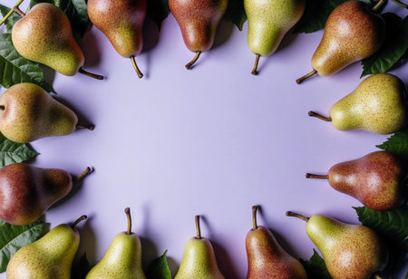 A circle of fresh pears sits on a purple background, highlighted by green leaves. The pears vary in color and texture, creating an attractive and vibrant display.の素材