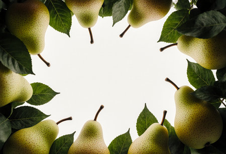 Fresh ripe pears are arranged in a circular pattern with vibrant green leaves. The light background emphasizes their rich color and fresh texture, creating a pleasing natural display.の素材