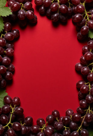 Fresh red grapes are arranged beautifully in a frame around a bright red background, displaying their rich color and natural appeal. Perfect for fruit themed designs.の素材