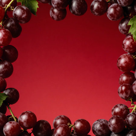 Clusters of luscious red grapes frame the scene against a striking red backdrop, showcasing their natural beauty and inviting fresh flavor.の素材