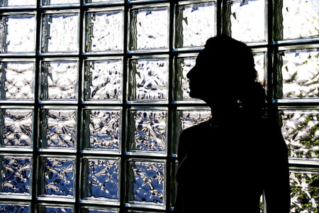 A beautiful woman, her head turned to the side and with a glimmer from her necklace, is silhouetted against a wall of glass blocks.の写真素材