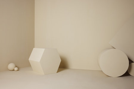 Empty decor in the studio. For photomontage, manipulation, graphic design, product or human assembly. With balanced lights. 3D decor in geometric shapes. No IA, original and realの写真素材