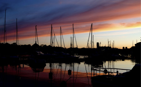 Marina silhouette at sunset.の写真素材