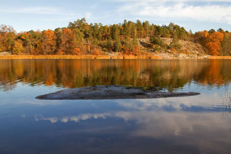 Colourful trees reflecting in lake in autumn の写真素材