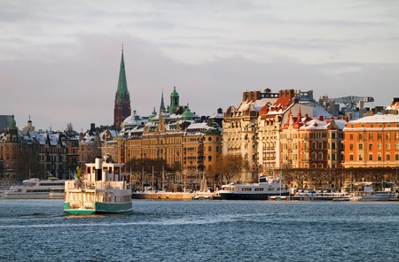Bay with boats in Stockholm in winter の写真素材