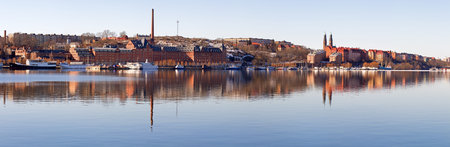 Panoramic image of Riddarfjarden and Soder Malarstrand in Stockholm の写真素材
