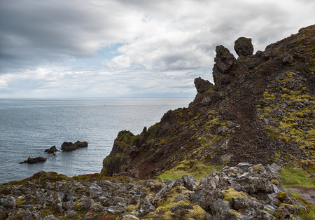 Coastal landscape with lava rocks in Iceland.の写真素材