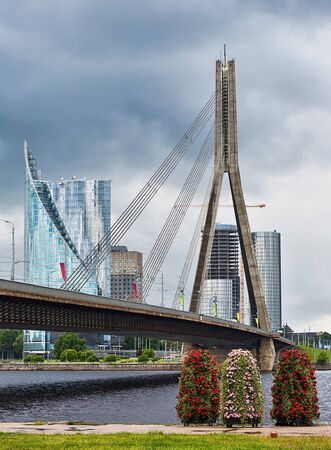 Bridge and buildings in the Baltic city of Riga, Latvia.の写真素材
