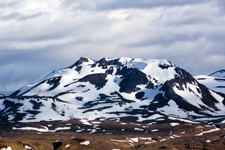 Snow clad mountains in Iceland in summer.