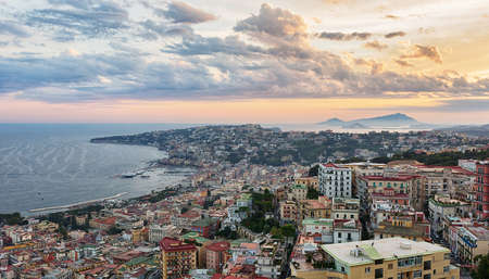 Aerial view of the city Naples in Italy at sunset.の写真素材
