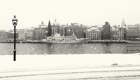 Stockholm city on a snowy winter day, black and white image.の写真素材