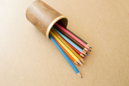 pot of pencils on a tableの写真素材