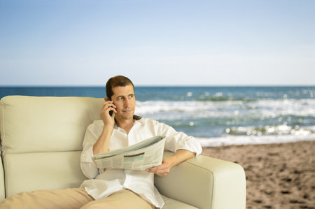 man commenting economy news on the chill out whit copyspace