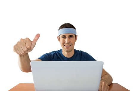 men with thumbs up online betting on white backgroundの写真素材