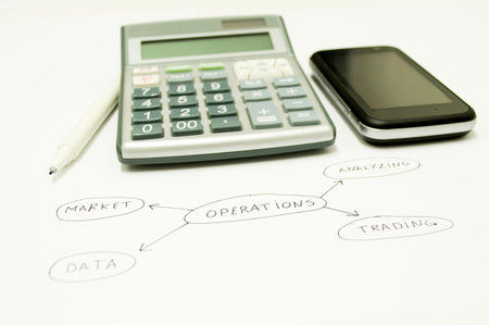 Close up of  drawing economic operation scheme with calculator and phone