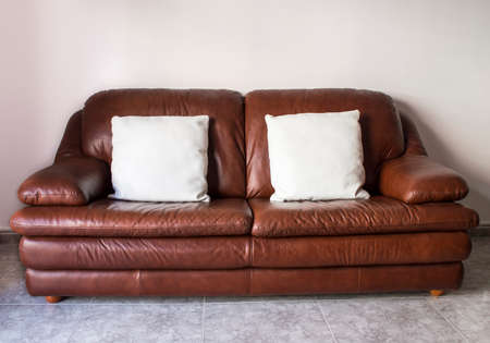 Luxurious brown sofa with two white cushionsの写真素材
