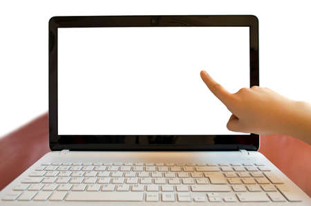 woman pointing out your product on the laptop screenの写真素材