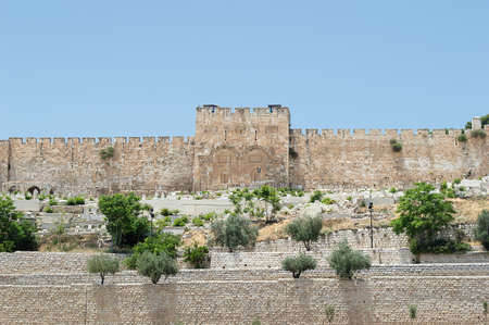 The Golden Gate in the walls around the old city of Jerusalemの写真素材