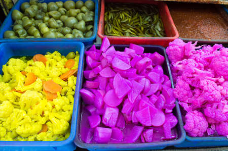 sale of boiled cauliflower at a market in jerusalemの写真素材