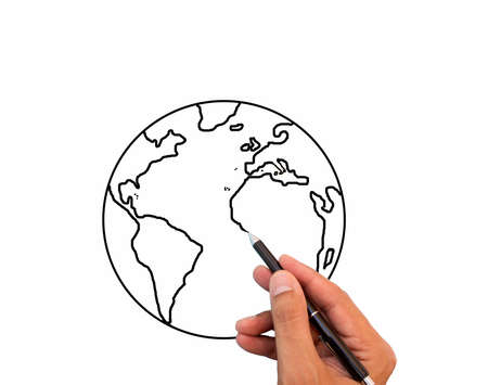 Close up of hand drawing the world map in a whiteboardの写真素材