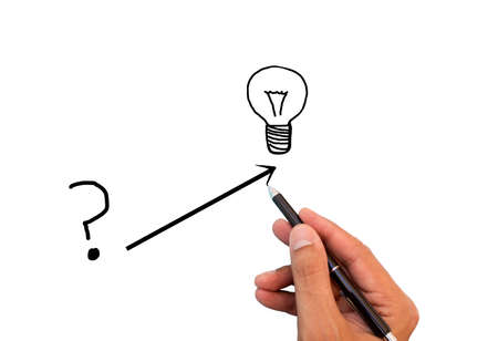 hand goes from a question to a bulb idea conceptの写真素材