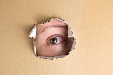 eye looking cardboard close up trappedの写真素材