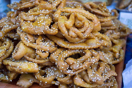 closeup of Arab sweets for sale at the street marketの写真素材