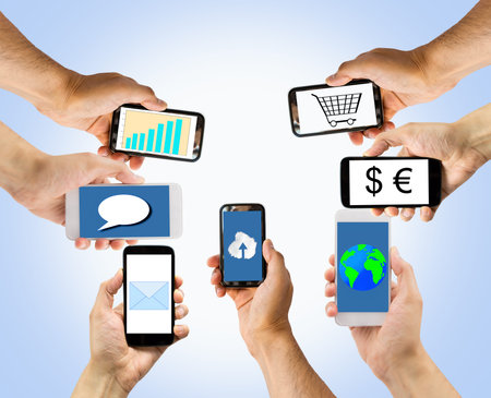 group of smart phones with multiple applications.All screen content is designed by us and not...